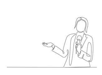 Beautiful lady reporter holding microphone illustration in continuous one line drawing. Journalist woman in one line draw. Editable vector.