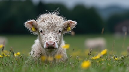 Obraz premium Cute Calf in Meadow, Wildlife, Nature, Peaceful Scene, for Nature or Farm Magazines