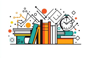 Obraz premium Colorful Bookshelf with Charts, Clock, and Geometric Shapes