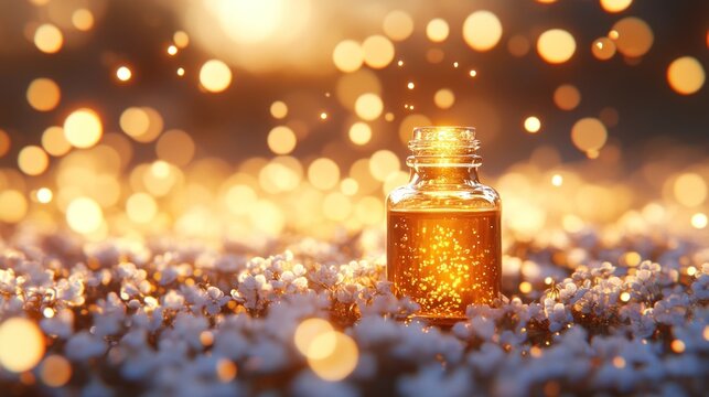 Golden elixir bottle on a field of flowers at sunset