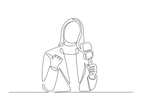 Beautiful lady reporter holding microphone illustration in continuous one line drawing. Journalist woman in one line draw. Editable vector.