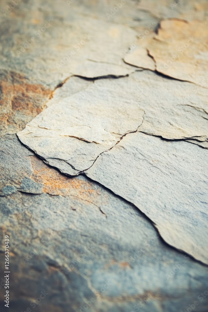 Poster close-up of rough, textured slate stone surface with variations in color and cracks.