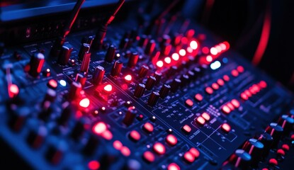 Obraz premium Close-up of a sound mixing console with illuminated buttons and knobs in a dark setting.