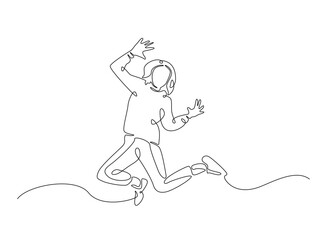 Happy jumping celebrating  illustration in continuous one line drawing. Happy person jumping high giving high five in one line draw. Editable vector.