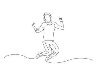 Happy jumping celebrating  illustration in continuous one line drawing. Happy person jumping high giving high five in one line draw. Editable vector.