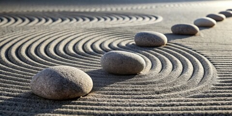 Serene stones arranged in a calming pattern on raked sand, creating a tranquil and meditative atmosphere for relaxation and inner peace.