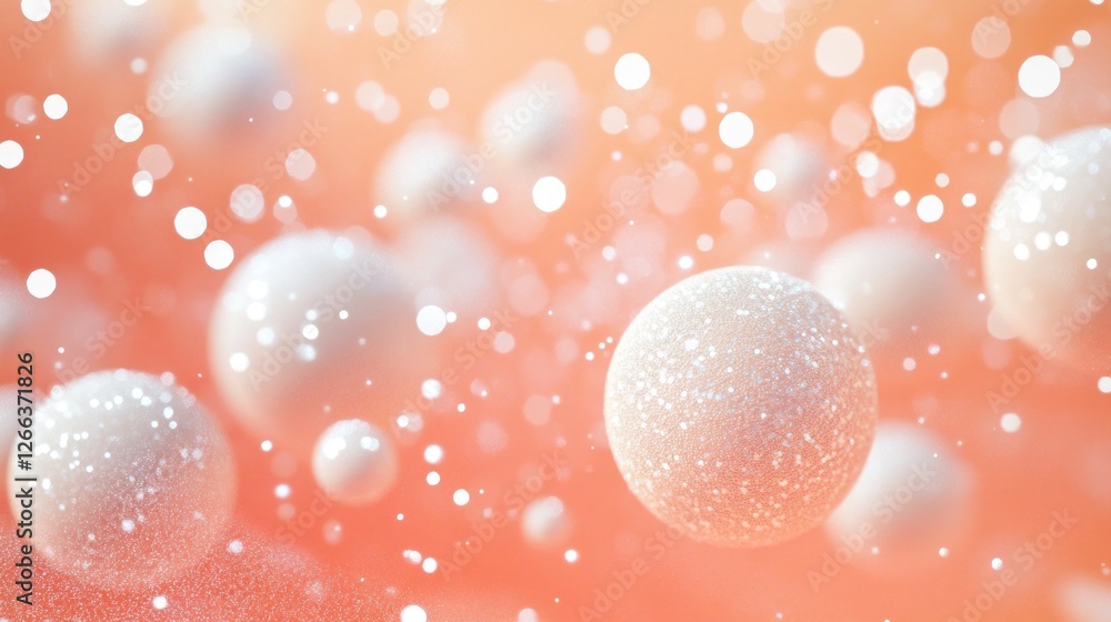 Poster abstract background with glowing spheres and bokeh effect in soft peach and white tones.