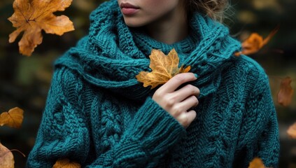 Woman in teal cable knit sweater holding autumn leaf.