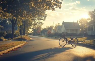 Obraz premium Bicycle on a quiet suburban street at sunset.