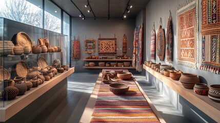 A vibrant museum display showcases traditional artifacts, including woven textiles and pottery, highlighting cultural heritage and artistry.