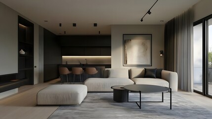 Modern living room interior featuring a cozy sofa, minimalist design, and stylish decor in a bright space