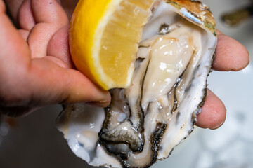 squeezing lemon on the raw oyster