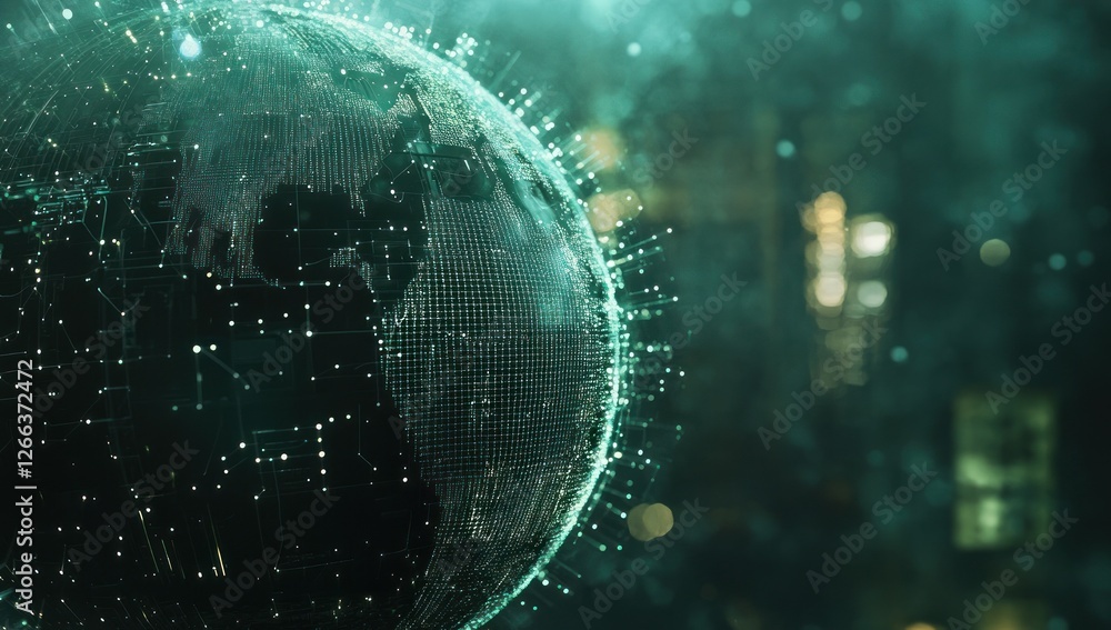 Poster futuristic digital globe with glowing lines and nodes, representing global network connections.