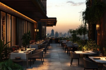 Obraz premium Rooftop restaurant with city view at sunset. Tables, chairs, plants, and warm lighting create a luxurious ambiance.