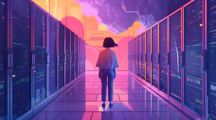 Animated concept of a female Chief Technology Officer controlling the activation of servers in a large data center, beginning the cloud computing and digitalization process.

