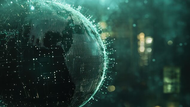 Futuristic digital globe with glowing lines and nodes, representing global network connections.