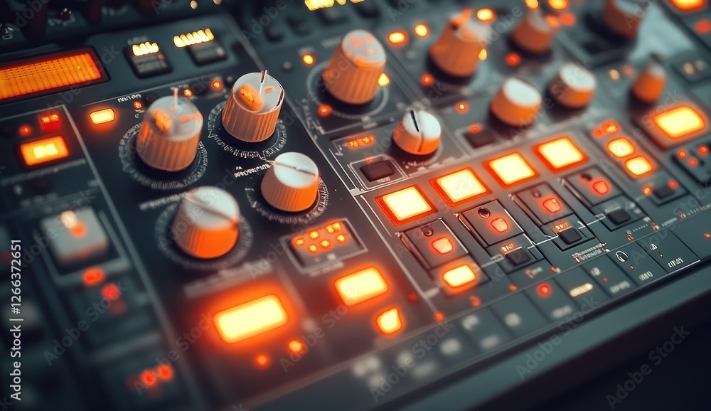 Aufkleber close-up of illuminated audio mixing console with knobs and buttons. (1)