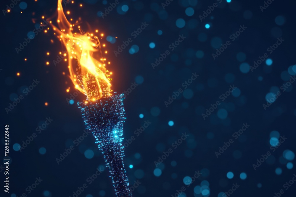 Poster abstract glowing digital torch with fiery flame.