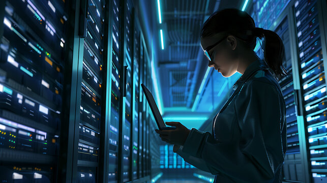 Animated view of a female CTO working in a data center, triggering servers to initiate cloud computing and web service capabilities using her laptop.

