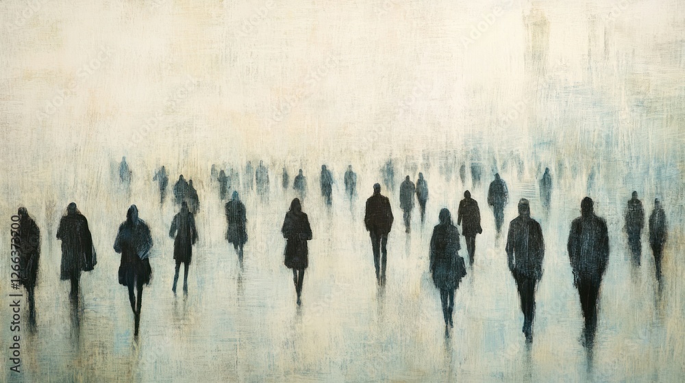 Poster abstract representation of a crowd walking through a foggy urban landscape, with muted colors and in