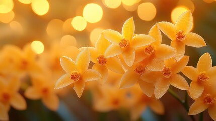 Golden orchids in soft focus, glowing bokeh background