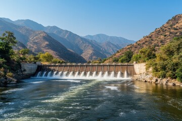 Scenic View of Dam Flowing Water with Mountains in Background