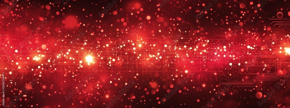 Poster abstract red background with glowing particles and bokeh lights.
