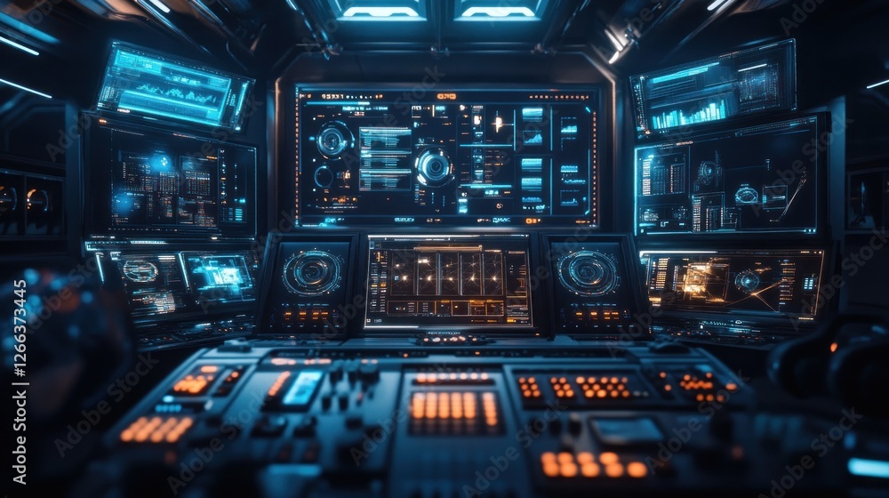 Aufkleber futuristic spaceship control room interior with numerous glowing screens displaying data and control