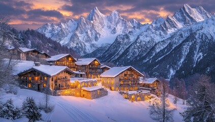 Fototapeta premium Snowy Alpine Village at Sunset