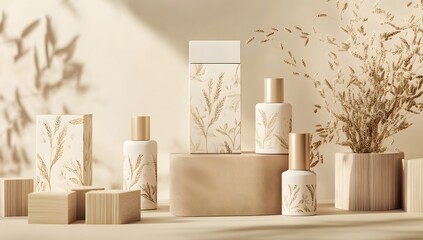 Beige cosmetic display with plant-themed packaging, sunlight, and floating dried flowers