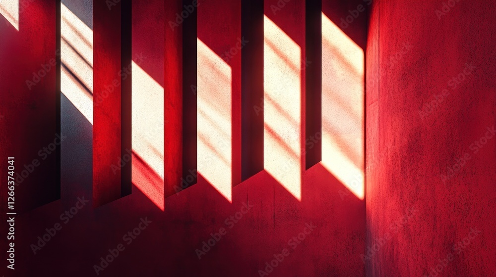 Poster sunlight streams through narrow rectangular openings in a deep red wall, creating dramatic light and