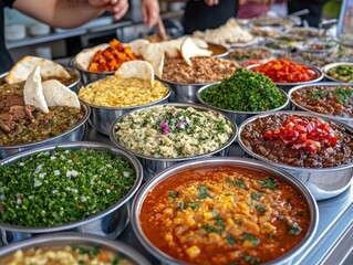 Colorful bowls of various Middle Eastern dips and stews at a food market.