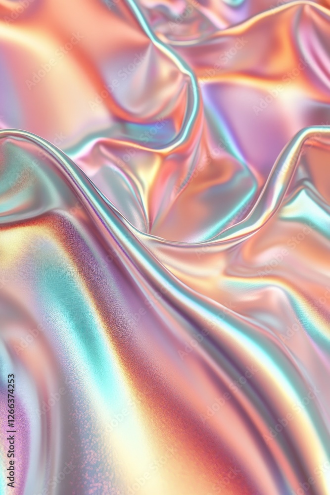 Poster iridescent fabric with pastel colors, flowing and draped in soft waves, creating an abstract backgro