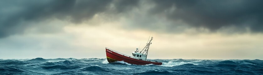 Naklejka premium The Power of Water: Harnessing Nature’s Energy for Sustainable Hydrodynamics, A lone fishing boat navigates turbulent seas under a dramatic sky.