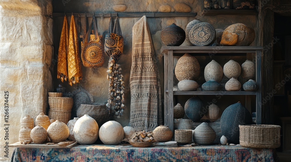 Aufkleber a rustic display featuring various handmade baskets, bowls, and decorative objects arranged on a woo