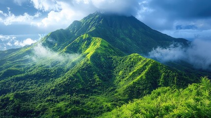 Majestic green mountain landscape under a cloudy sky with misty valleys and lush vegetation