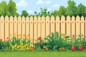 Obraz premium Colorful Garden with Wooden Fence in a Bright Sunny Day