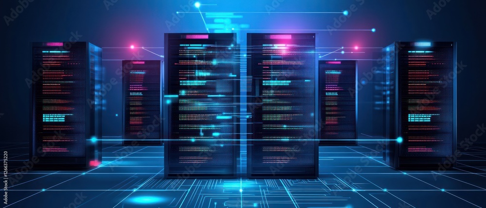 Poster futuristic data center with glowing servers and code