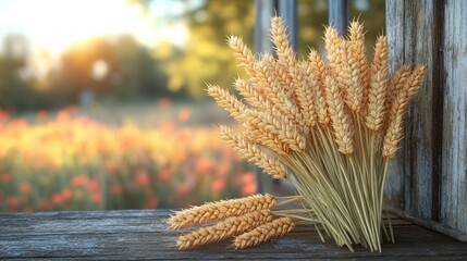 Golden wheat ears on rustic wooden surface with blurred sunset garden background. Possible use agriculture, harvest, nature
