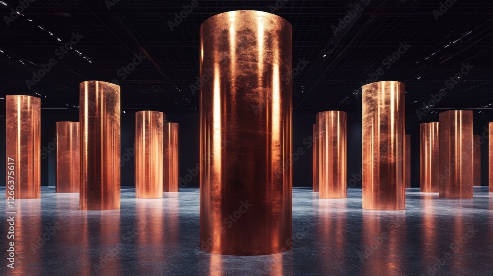 Poster a striking display of tall, reflective copper columns arranged in a modern gallery space, creating a