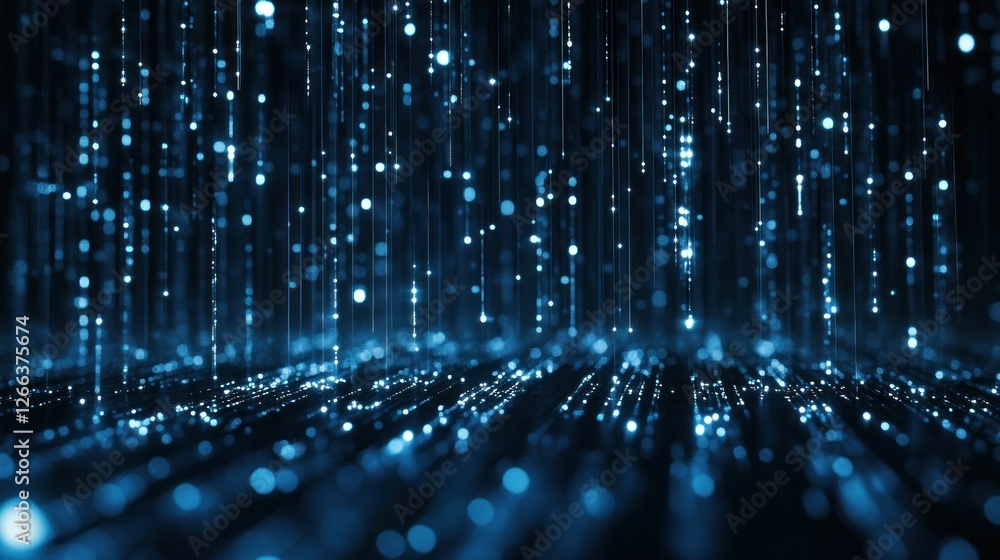 Poster a mesmerizing digital landscape featuring cascading blue light particles, creating a futuristic atmo
