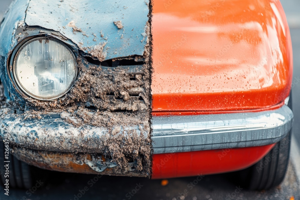 Poster Comparison of a scratched, dirty car and a shiny, polished version side by side showing contrasting conditions. Generative AI
