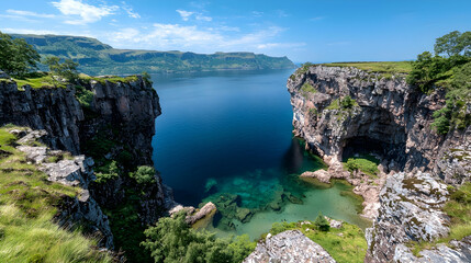 Dramatic coastal cliffs, clear water, sunny day, travel