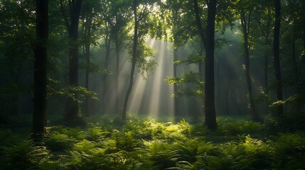 Obraz premium Sunbeams Illuminate A Misty Green Forest
