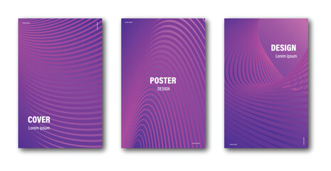 Set of abstract posters with dynamic purple wave patterns flowing on gradient background with copy space for modern and stylish design
