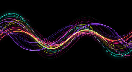 Naklejka premium Abstract wave lines pattern dynamic colorful light flowing isolated on a black background—the concept of music, party, technology, modern. Abstract flowing wavy lines. Colorful dynamic wave