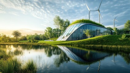Eco-friendly modern building by a lake with wind turbines at sunrise.