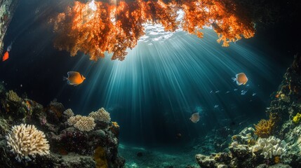Fototapeta premium Sunbeams illuminate vibrant coral reef cave with diverse fish.