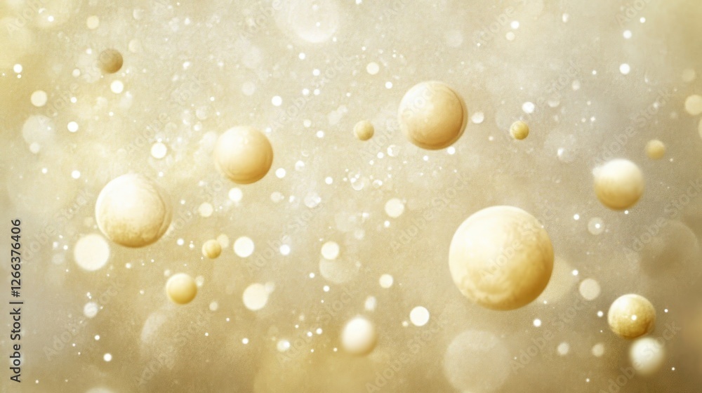 Poster abstract background with floating golden spheres and bokeh lights.