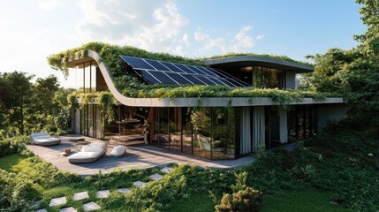 Fototapeta premium Sustainable living, Modern house with a green roof and solar panels